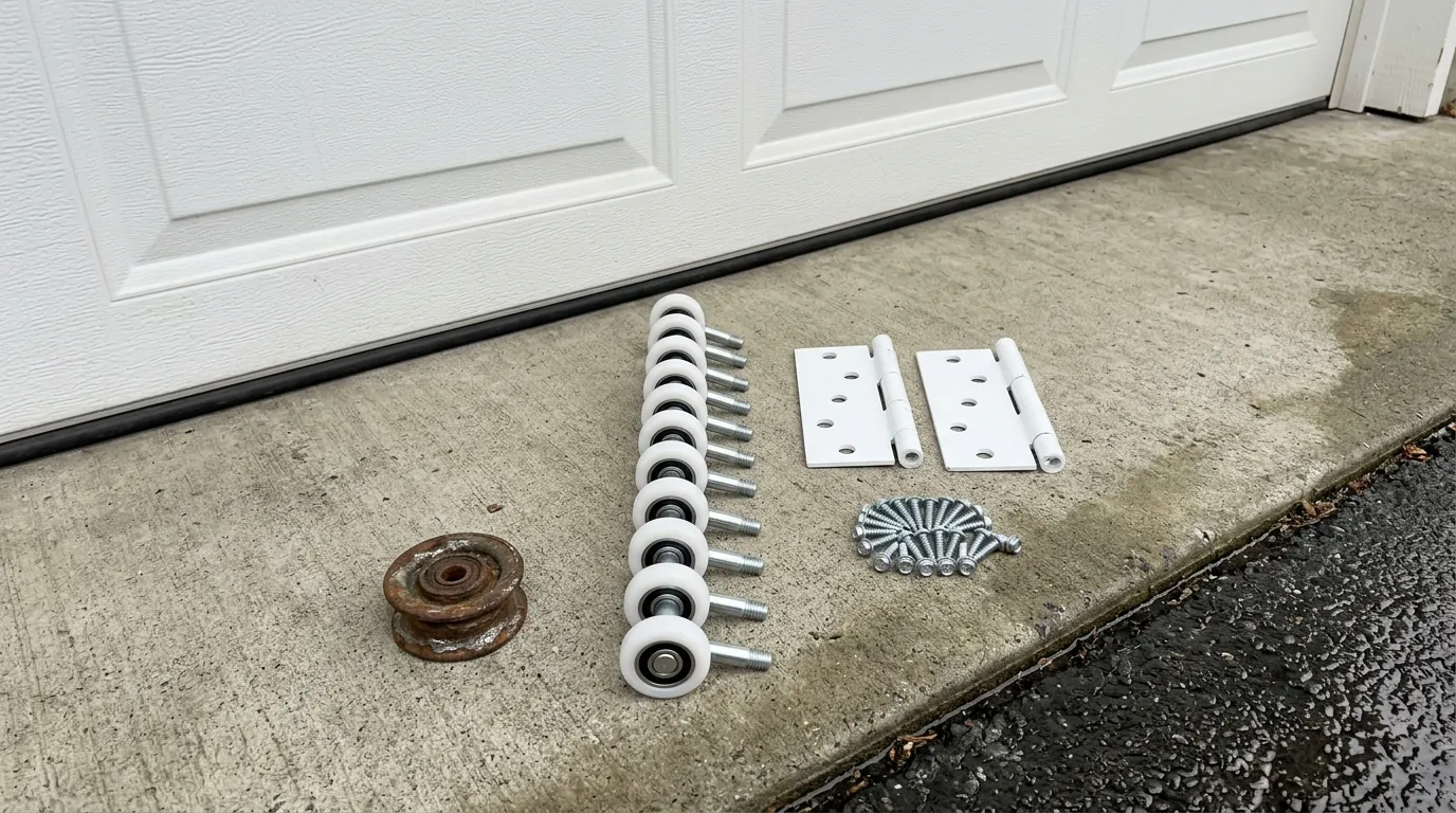 New garage door rollers and hinges laid out for track repair at a Renton home