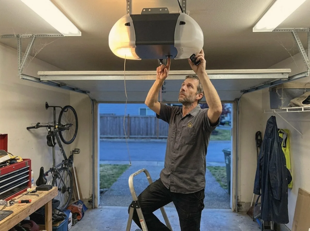 Technician on a short ladder pressing the program button under the light lens of a Genie style opener while holding a remote in a Renton garage at dusk