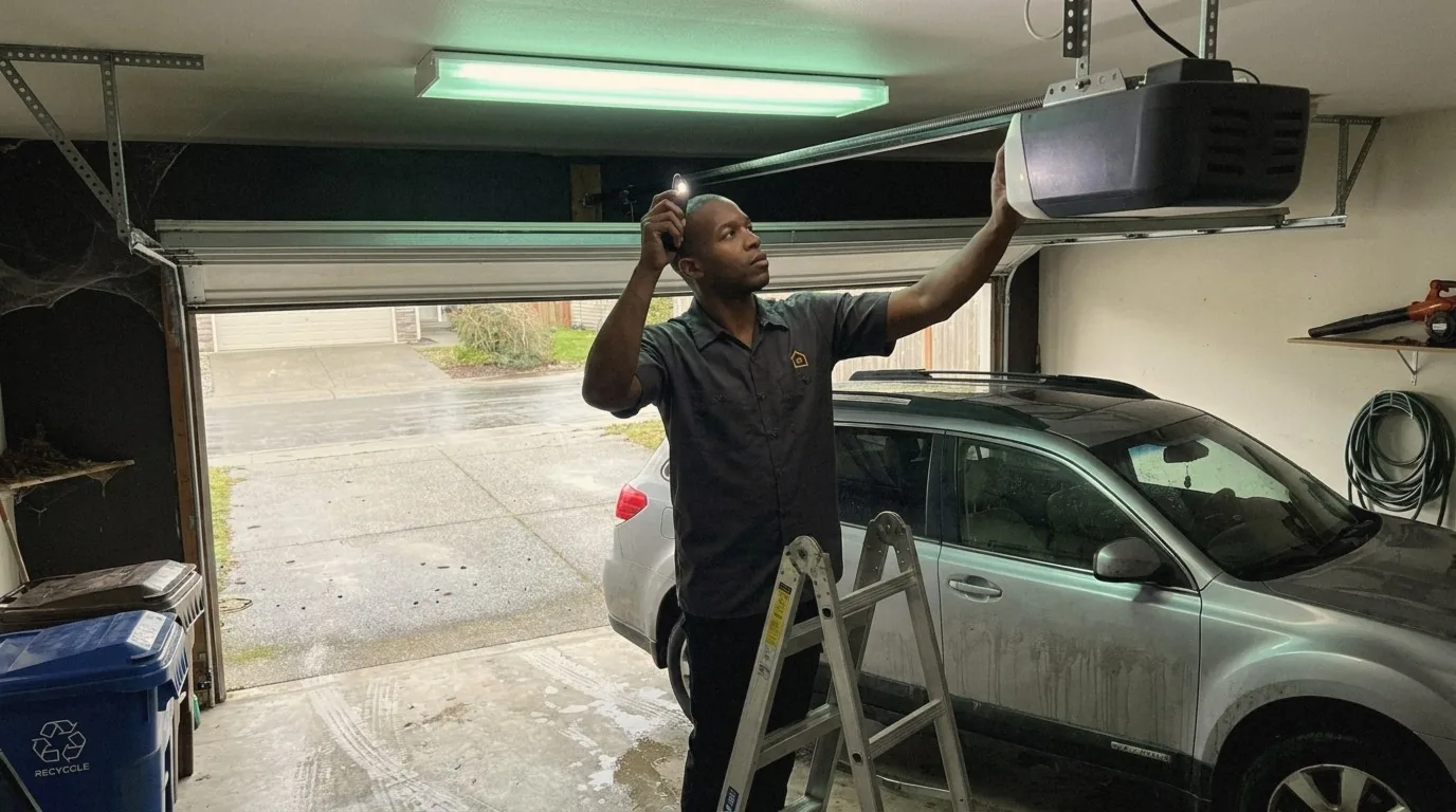 Perfection Garage Door technician on a step ladder checking the screw drive rail of a Genie style garage door opener in a Renton garage on an overcast day