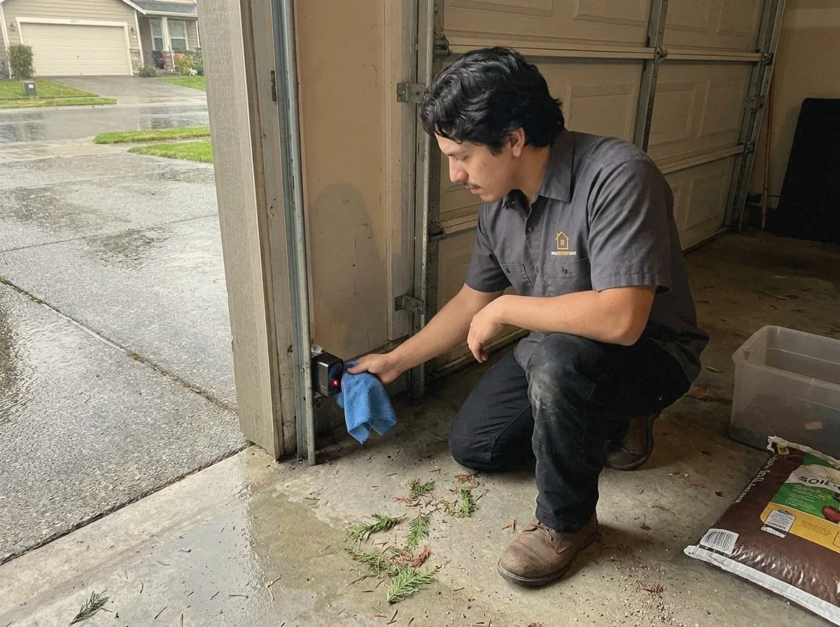 Technician wiping the lens of a Genie Safe-T-Beam safety sensor near the floor of a Renton garage door track on a rainy afternoon
