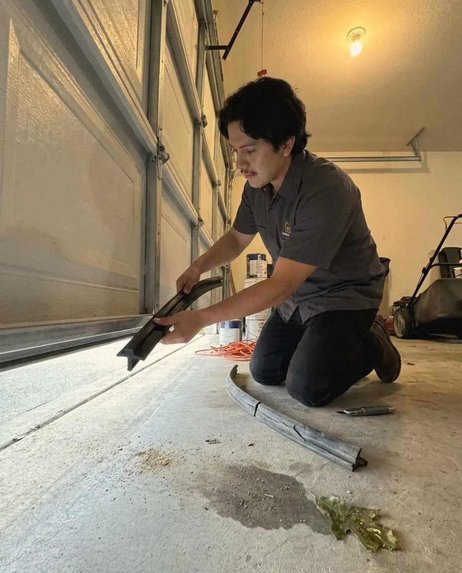 Perfection Garage Door technician holding a new rubber bottom seal against the slab under a garage door in Kent, WA, with the old flattened seal on the floor beside him