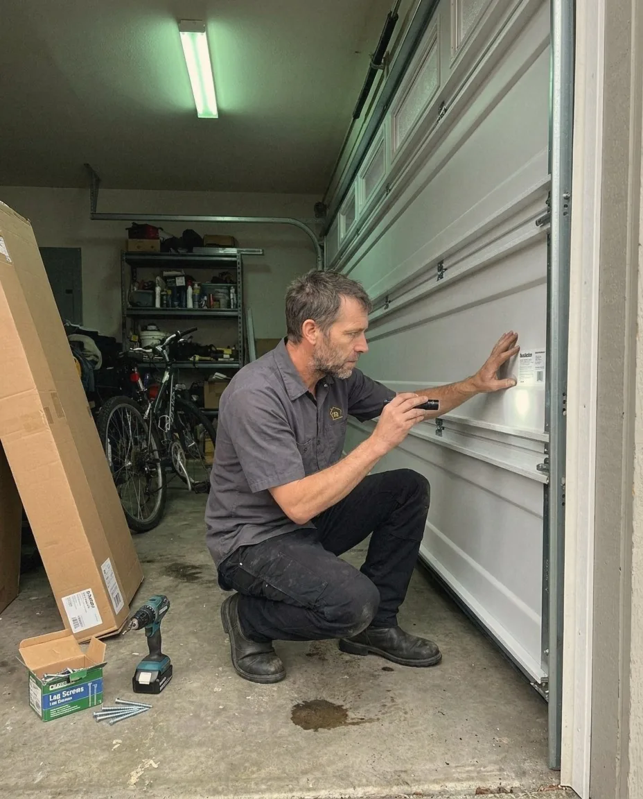 Perfection Garage Door technician pointing a flashlight at the manufacturer label on the inside of a new garage door section in a Kent, WA garage