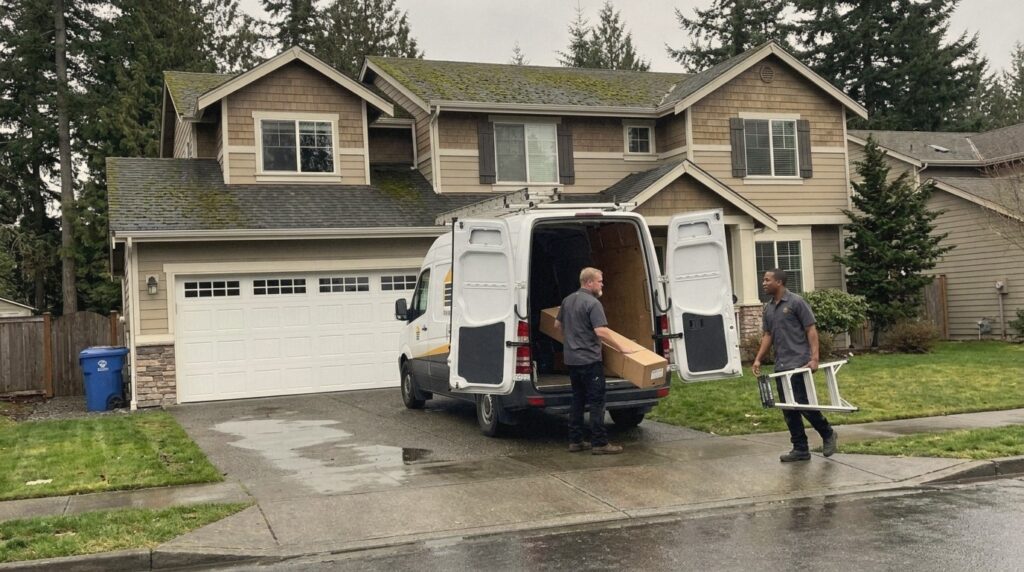 Perfection Garage Door crew loading the van after installing a new insulated carriage style garage door at a Maple Valley, WA home under tall fir trees