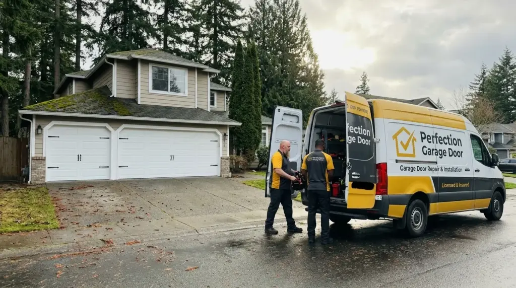 Perfection Garage Door crew and van beside a new insulated three-car garage door in the Maple Valley, WA service area
