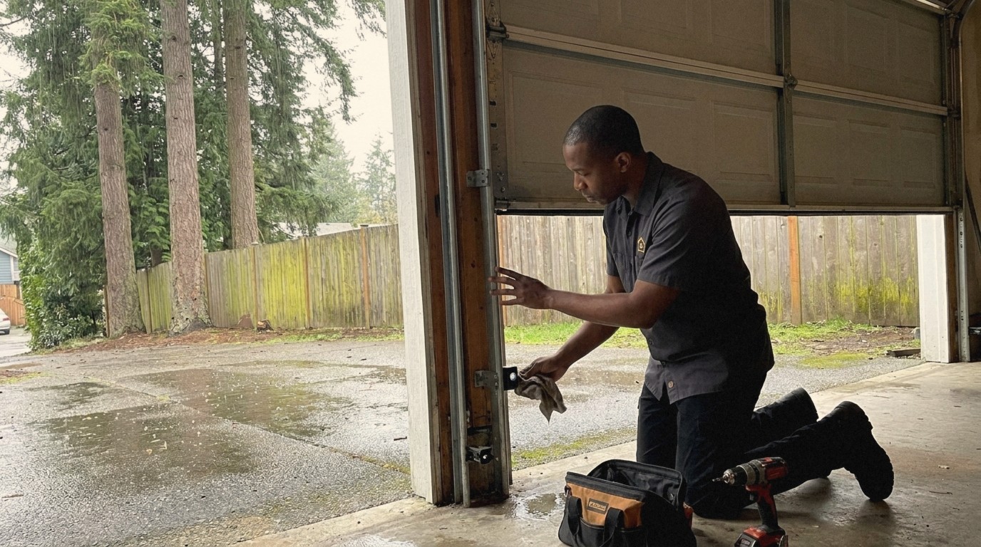 Perfection Garage Door technician wiping a fogged photo-eye safety sensor at the base of a garage door track in Renton, WA on a rainy day