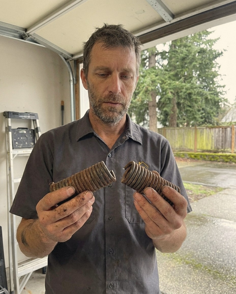 Perfection Garage Door technician in Renton, WA holding a rusted torsion spring that has snapped, showing the gap in the coil