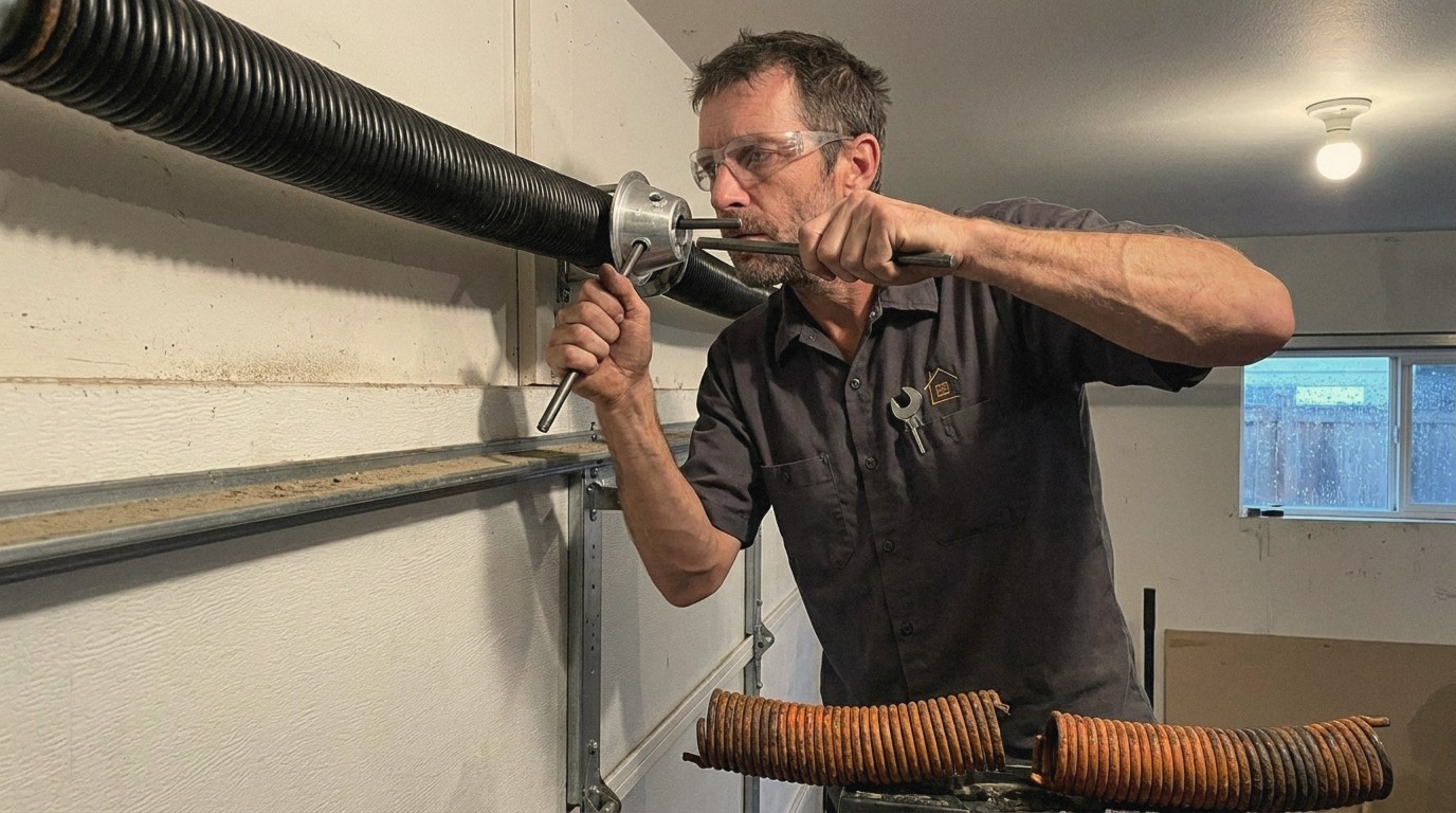 Perfection Garage Door technician winding a new torsion spring with winding bars above a garage door in Renton, WA, with the rusted broken spring in the foreground