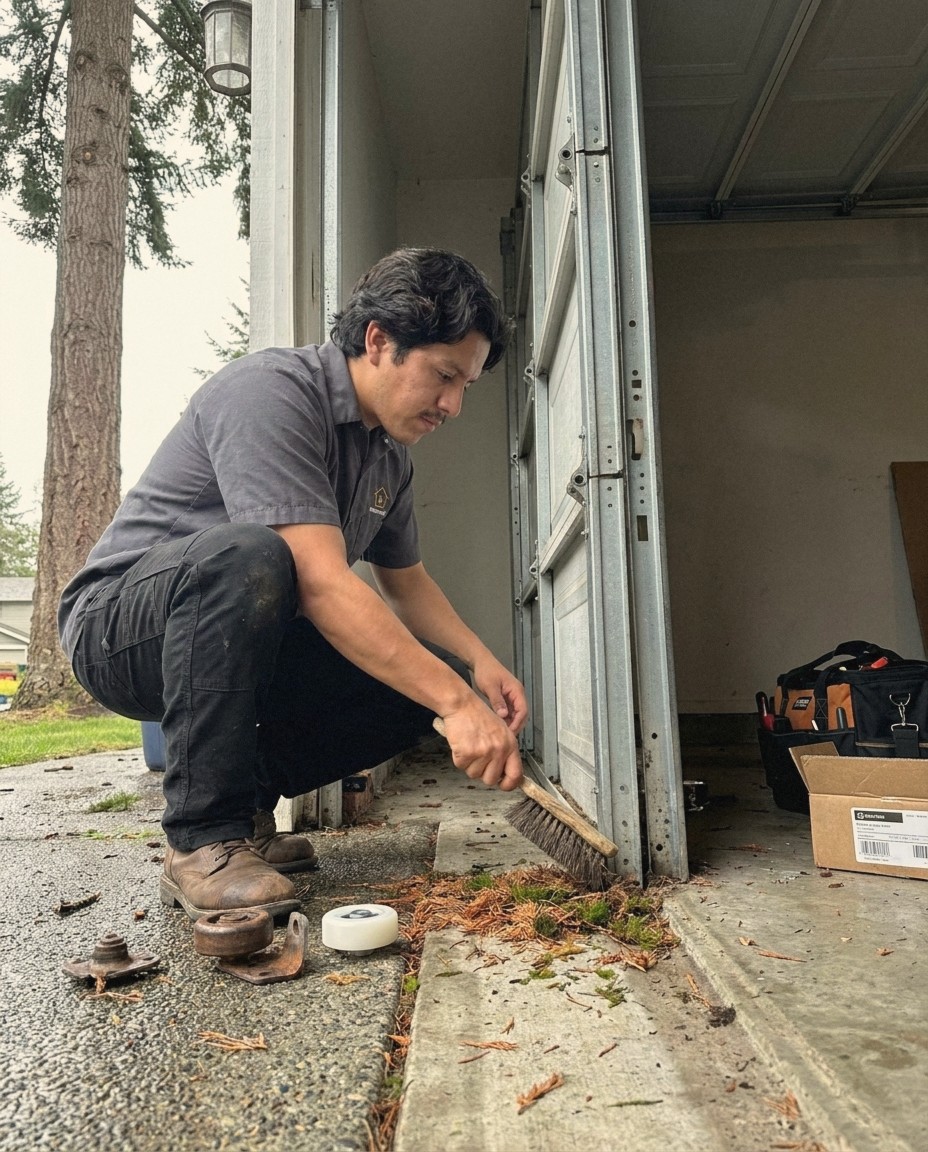 Perfection Garage Door technician brushing fir needles and moss out of a garage door track in Renton, WA, with a worn and a new nylon roller beside him