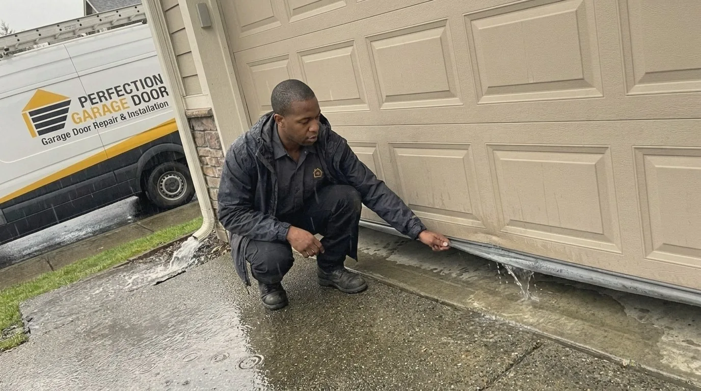Perfection Garage Door technician crouched at the bottom of a garage door in the rain at a Renton, WA home, checking where water runs under the door, company van parked behind